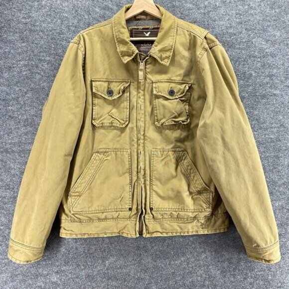 American Eagle Jacket Men L Large Beige Full Zip Collared Pockets Lined Cotton - Picture 1 of 8